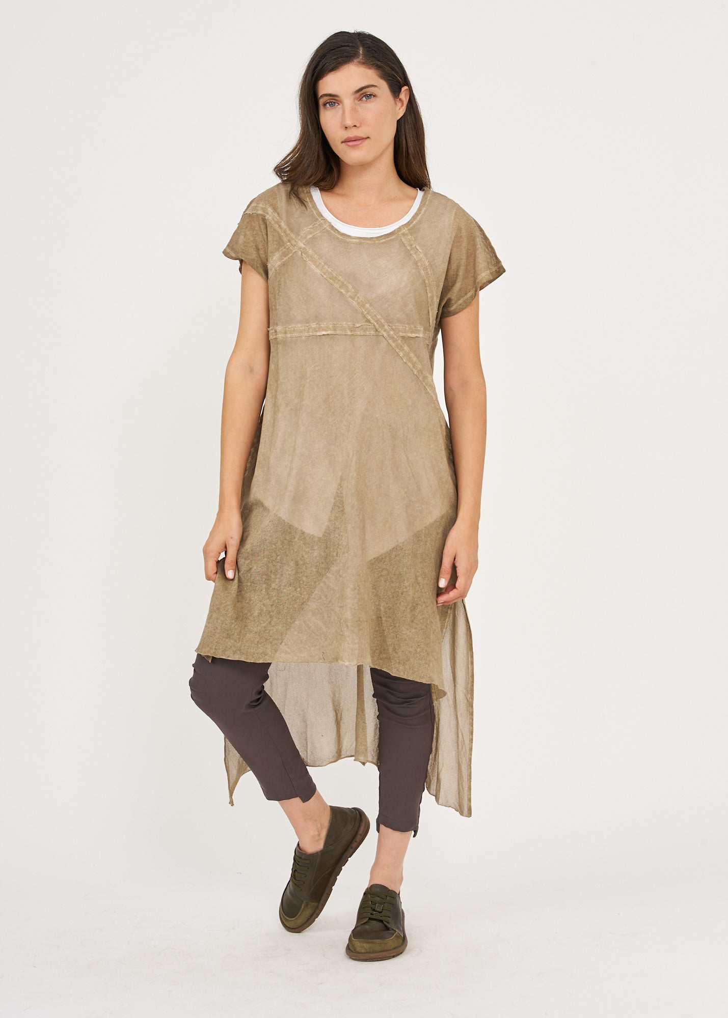 Short-sleeved mesh tunic, brown wash dyeing