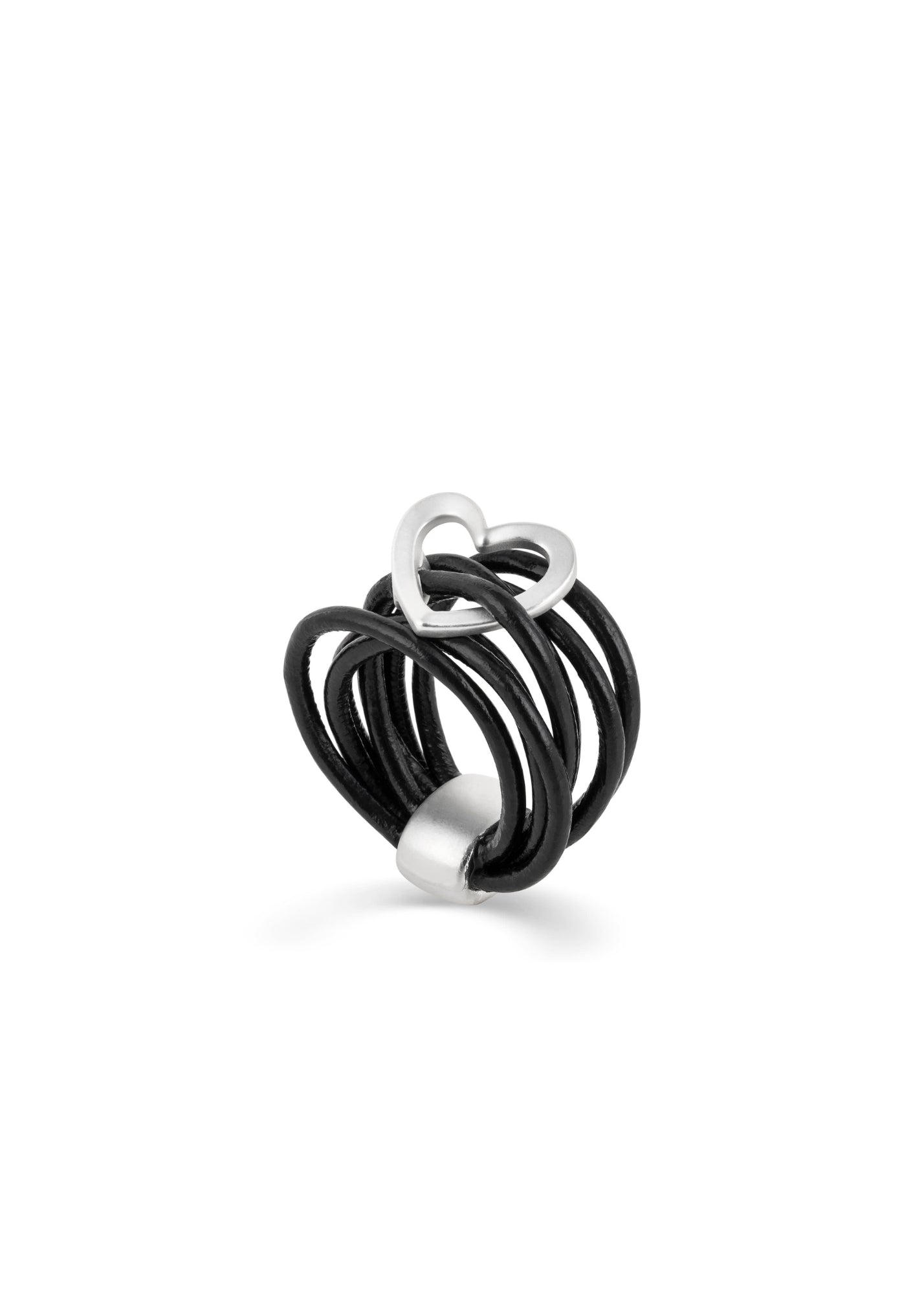 טבעת רצועות עור ולב מתכת שחור