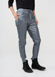 Dark gray leather-like mid-seam pants