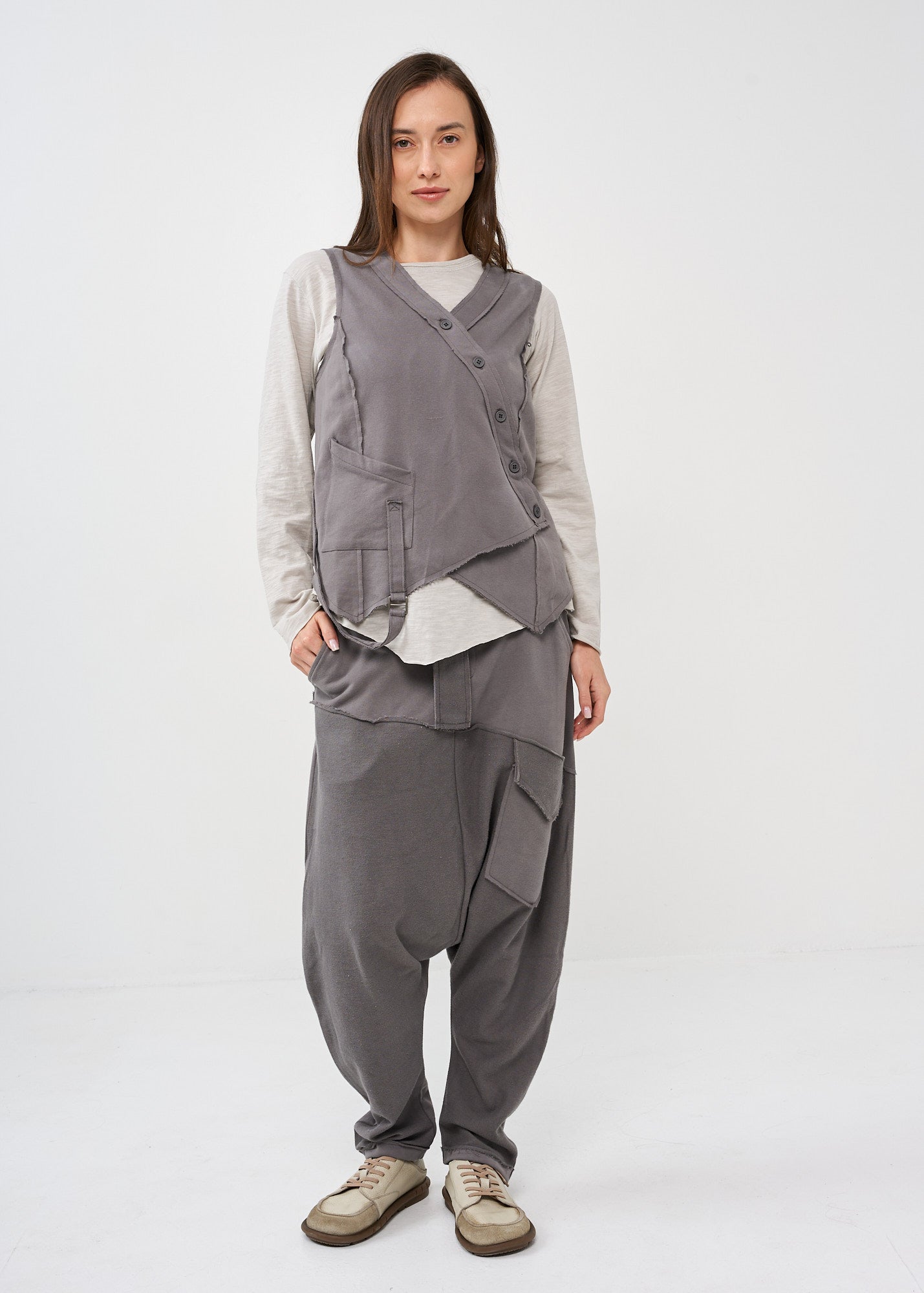 Boy French Terry Pants Double Belt Dark Grey