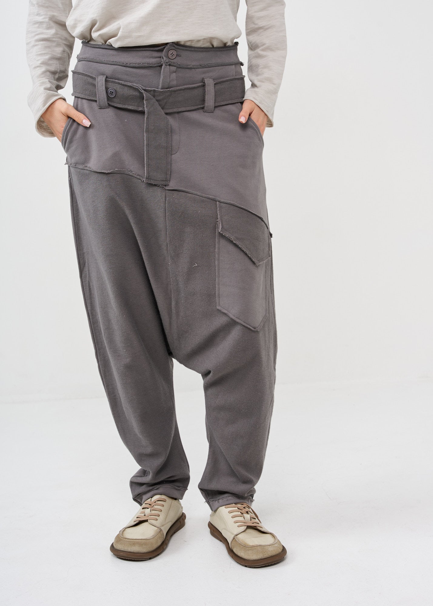 Boy French Terry Pants Double Belt Dark Grey