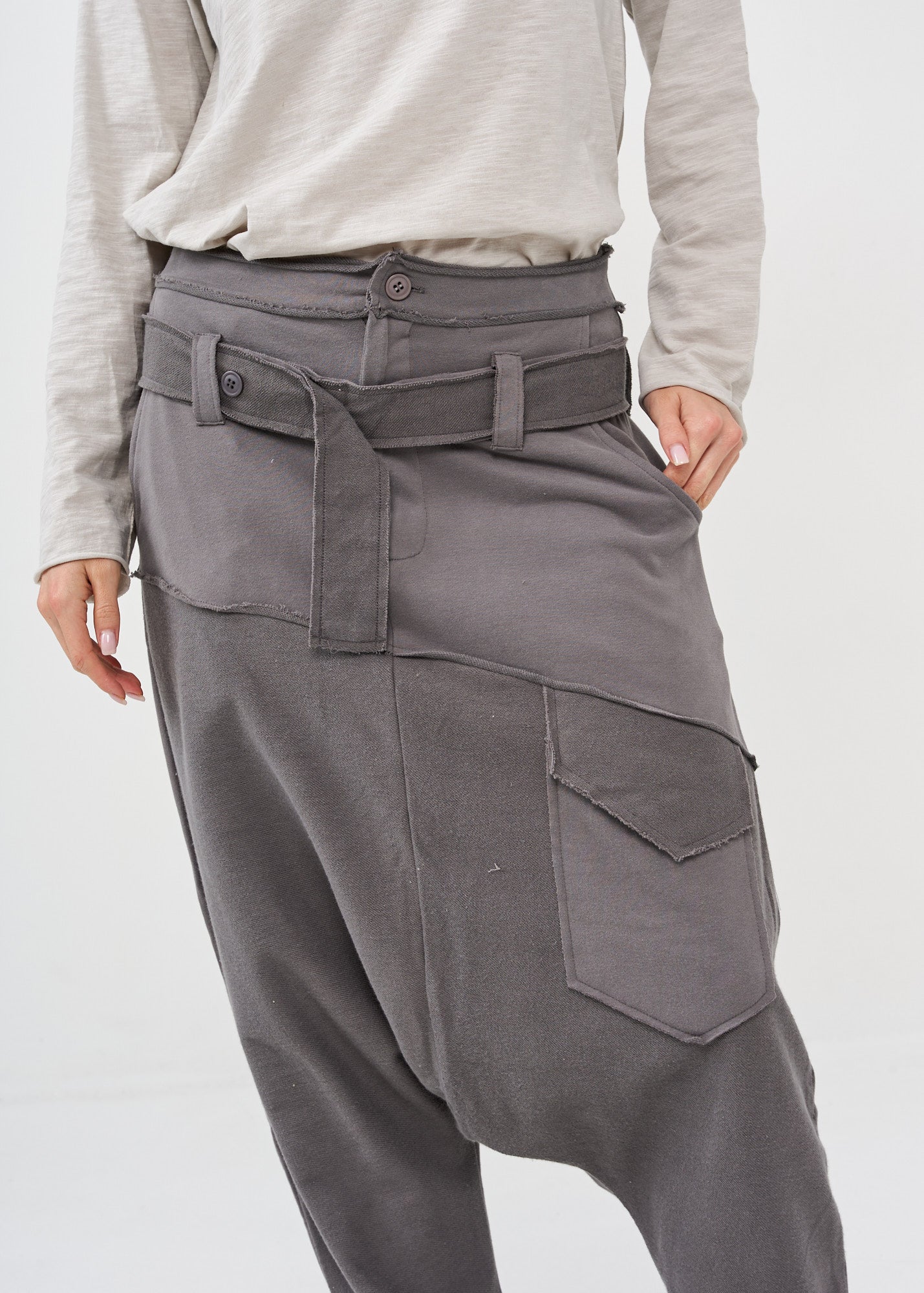 Boy French Terry Pants Double Belt Dark Grey