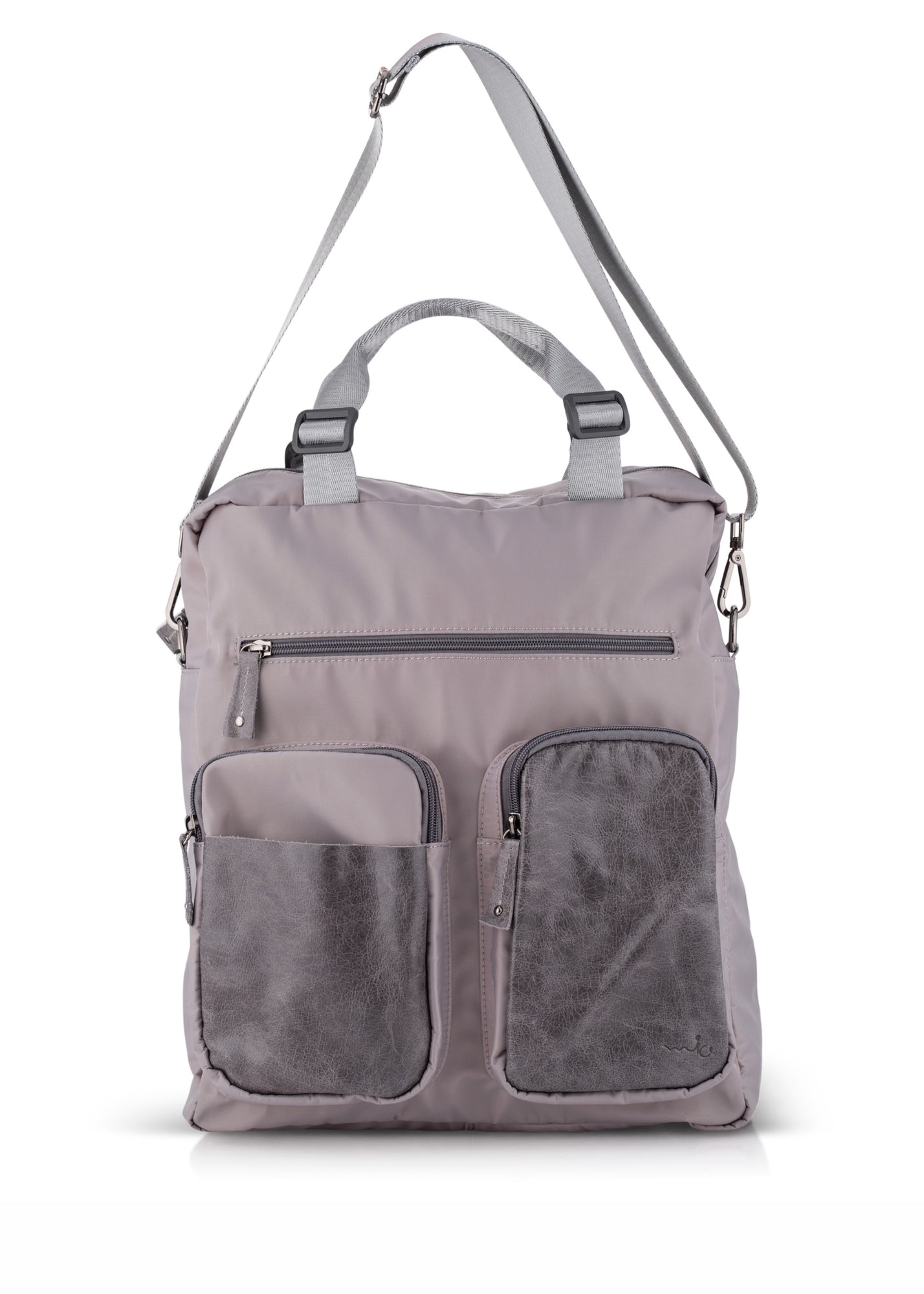 Nylon bag combined with gray leather