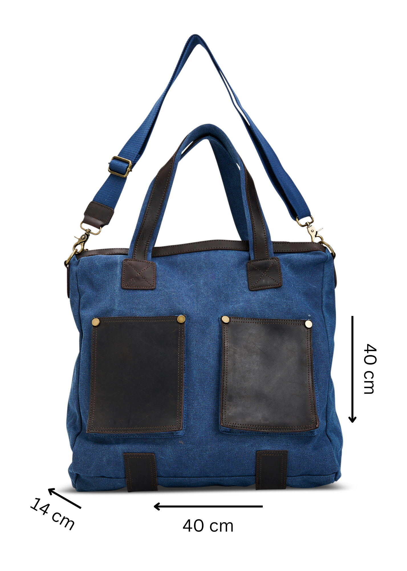 Blue leather front pockets canvas bag