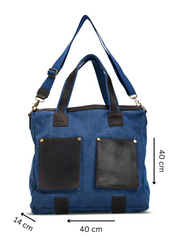 Blue leather front pockets canvas bag