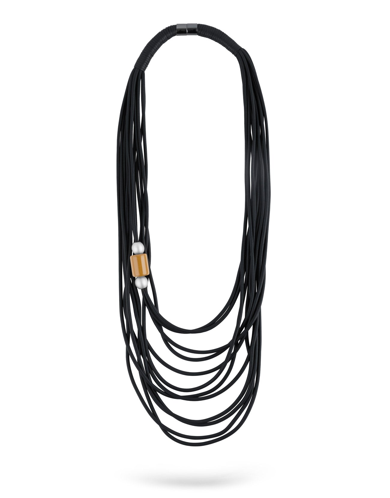 A long silicone chain with rows and winding in the middle and a mustard natural stone