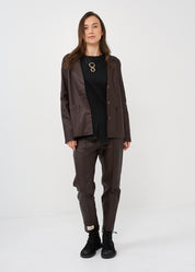 Burgundy leather-like mid-seam pant