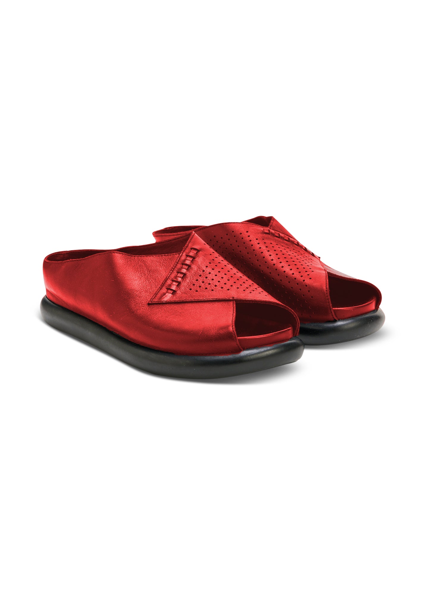 Women's flip flops red perforated leather combination