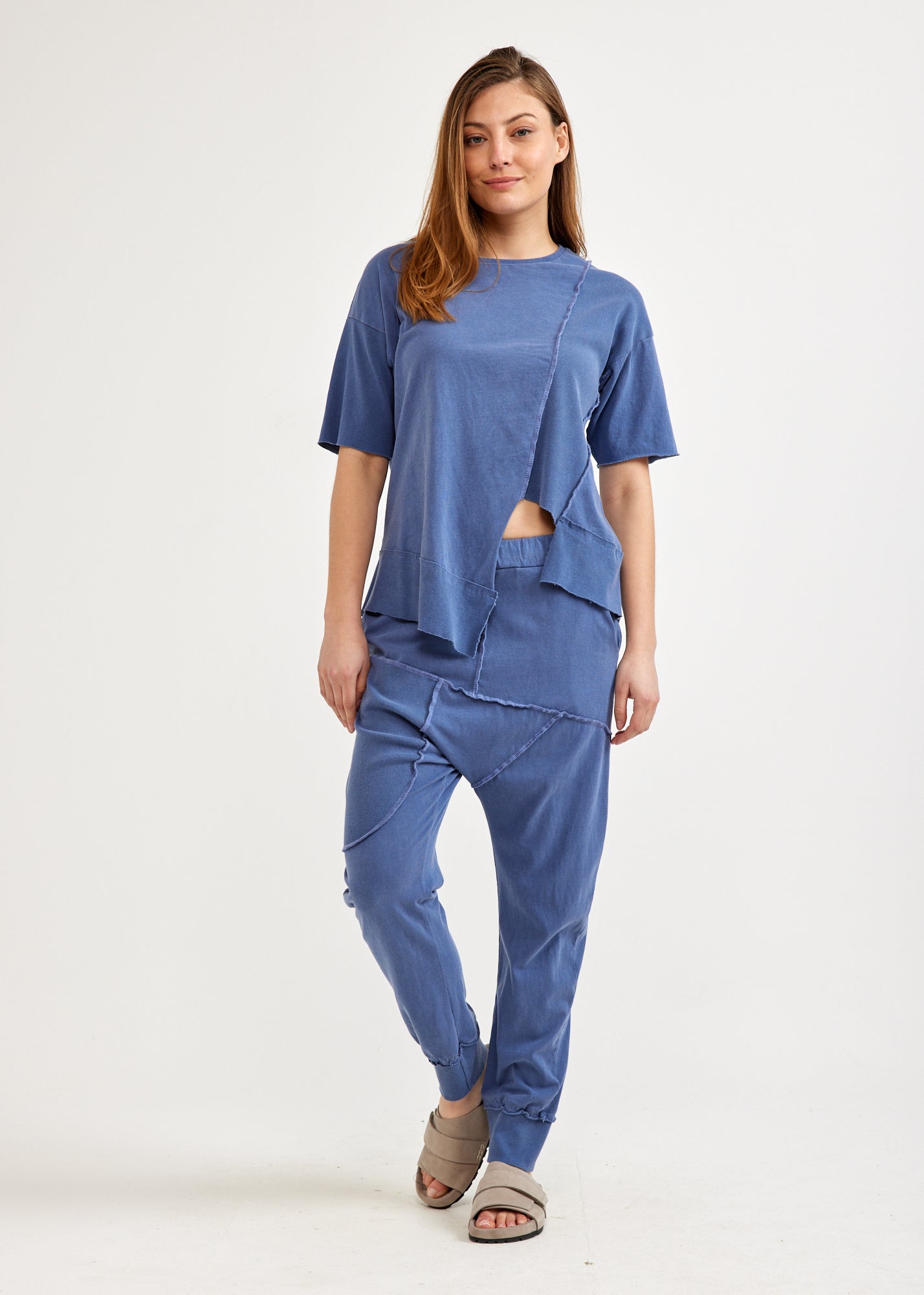 מכנסיים שילוב ריב תפרים חיצוניים כחול