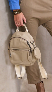 Leather backpack front pocket and stone wallet