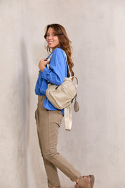 Leather backpack front pocket and stone wallet
