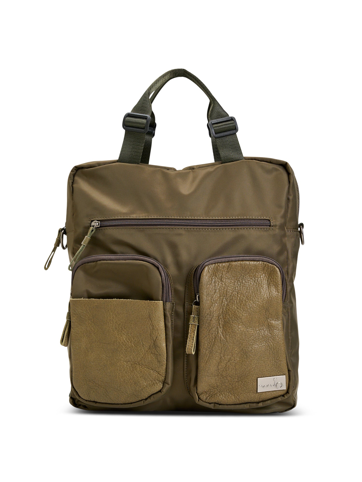 Green leather combined nylon bag