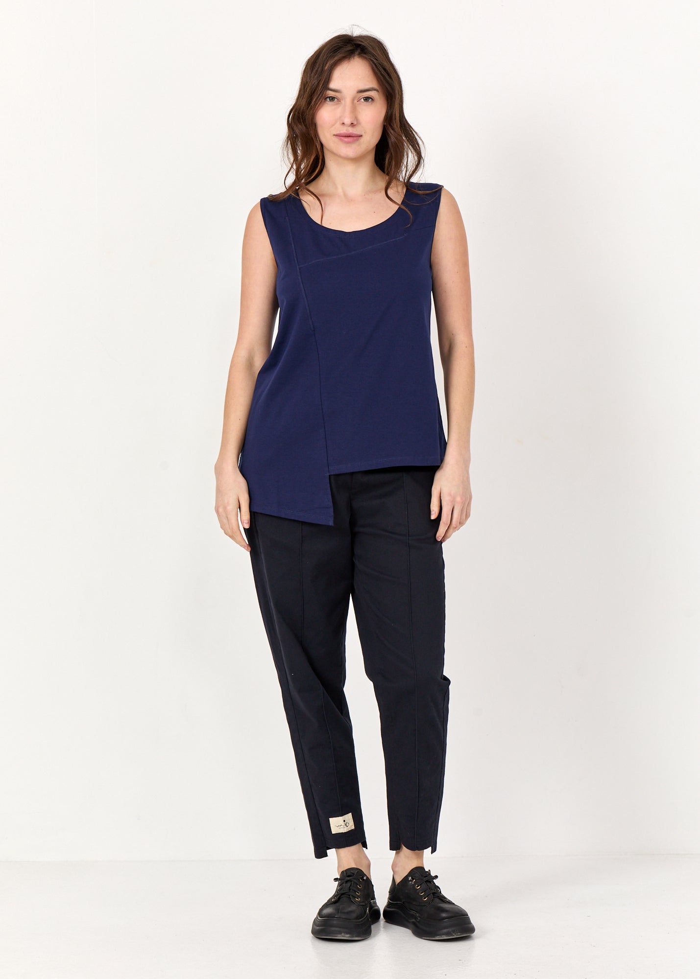 Dark blue long left side T forward seam base tank top