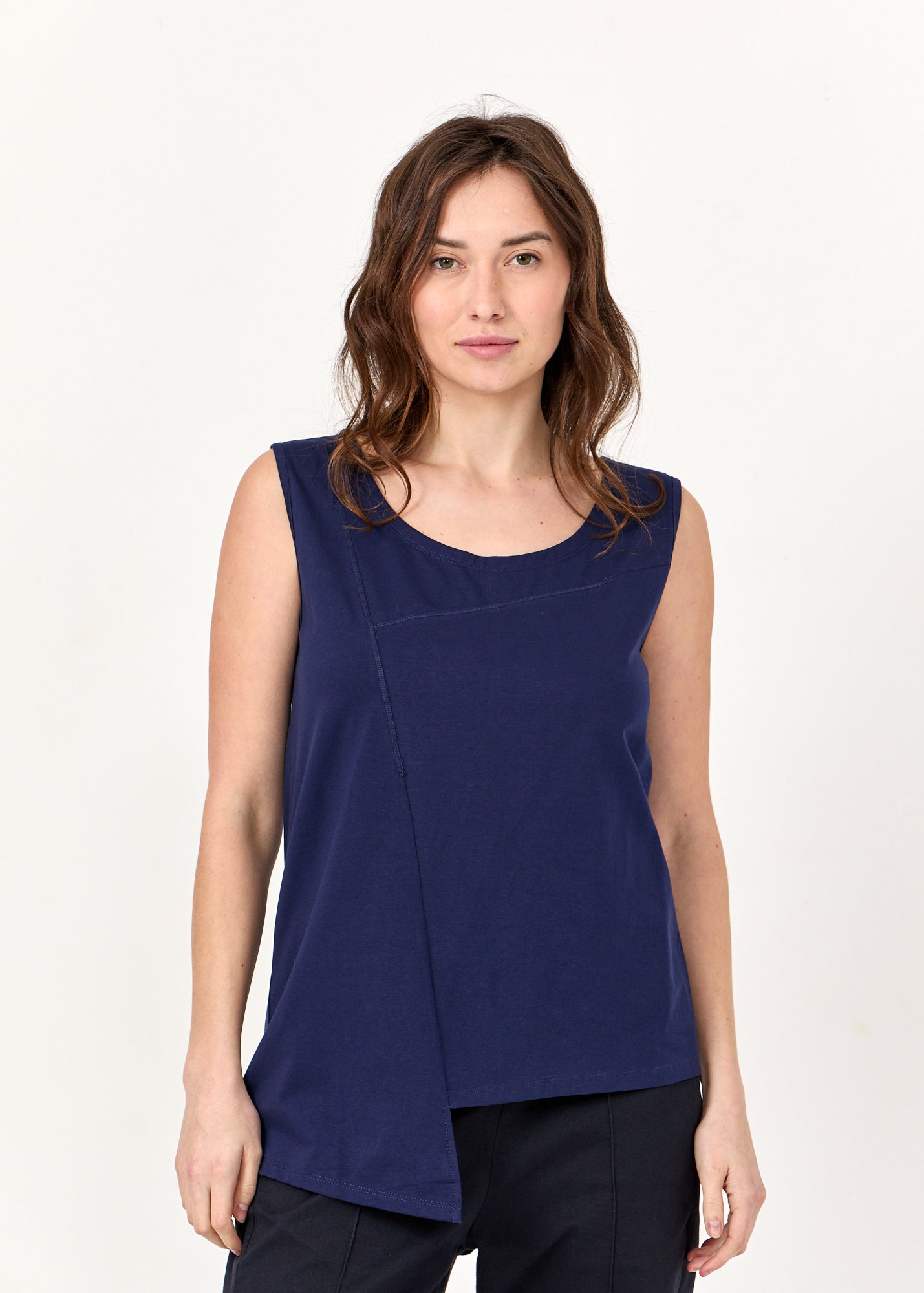 Dark blue long left side T forward seam base tank top
