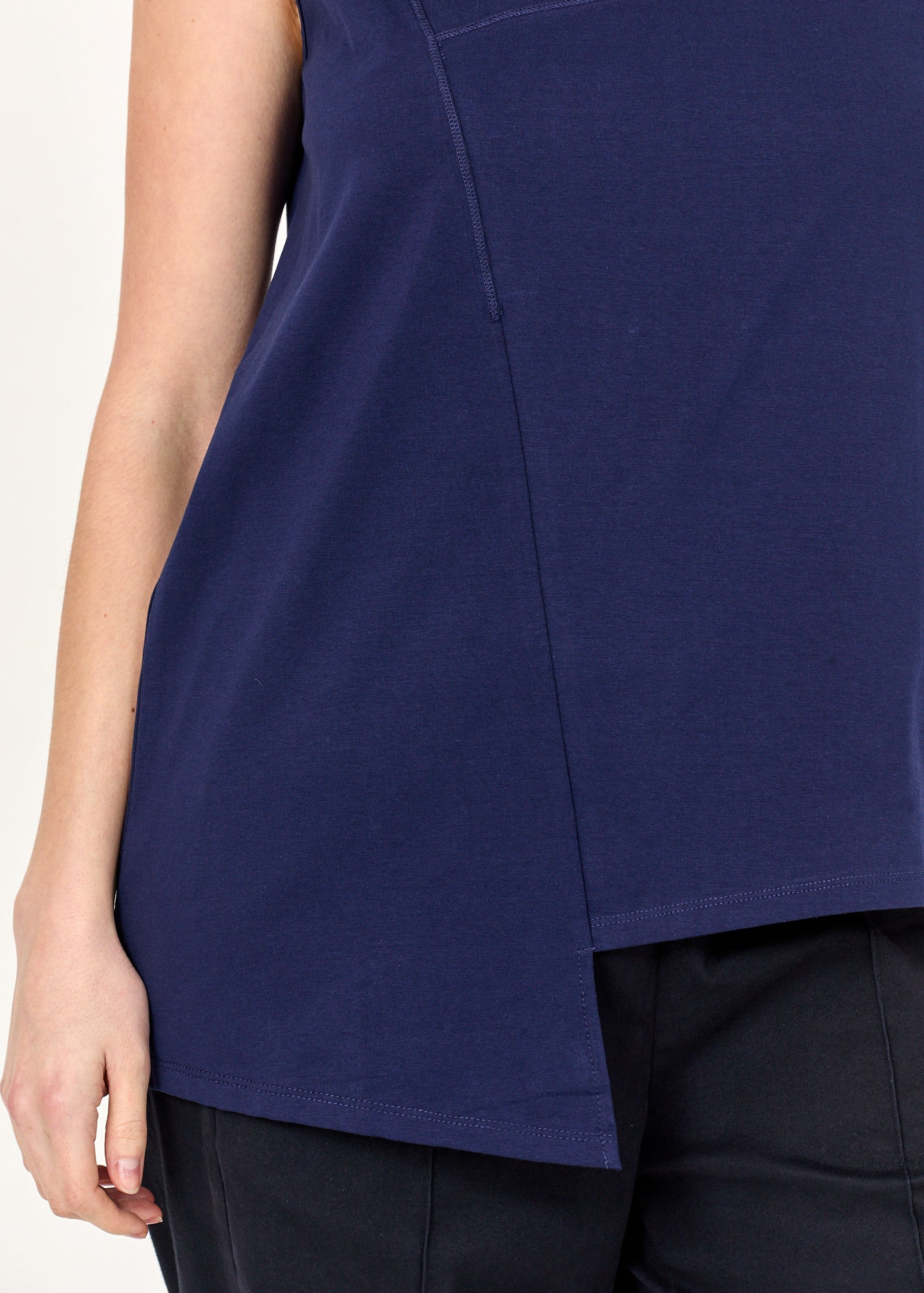 Dark blue long left side T forward seam base tank top