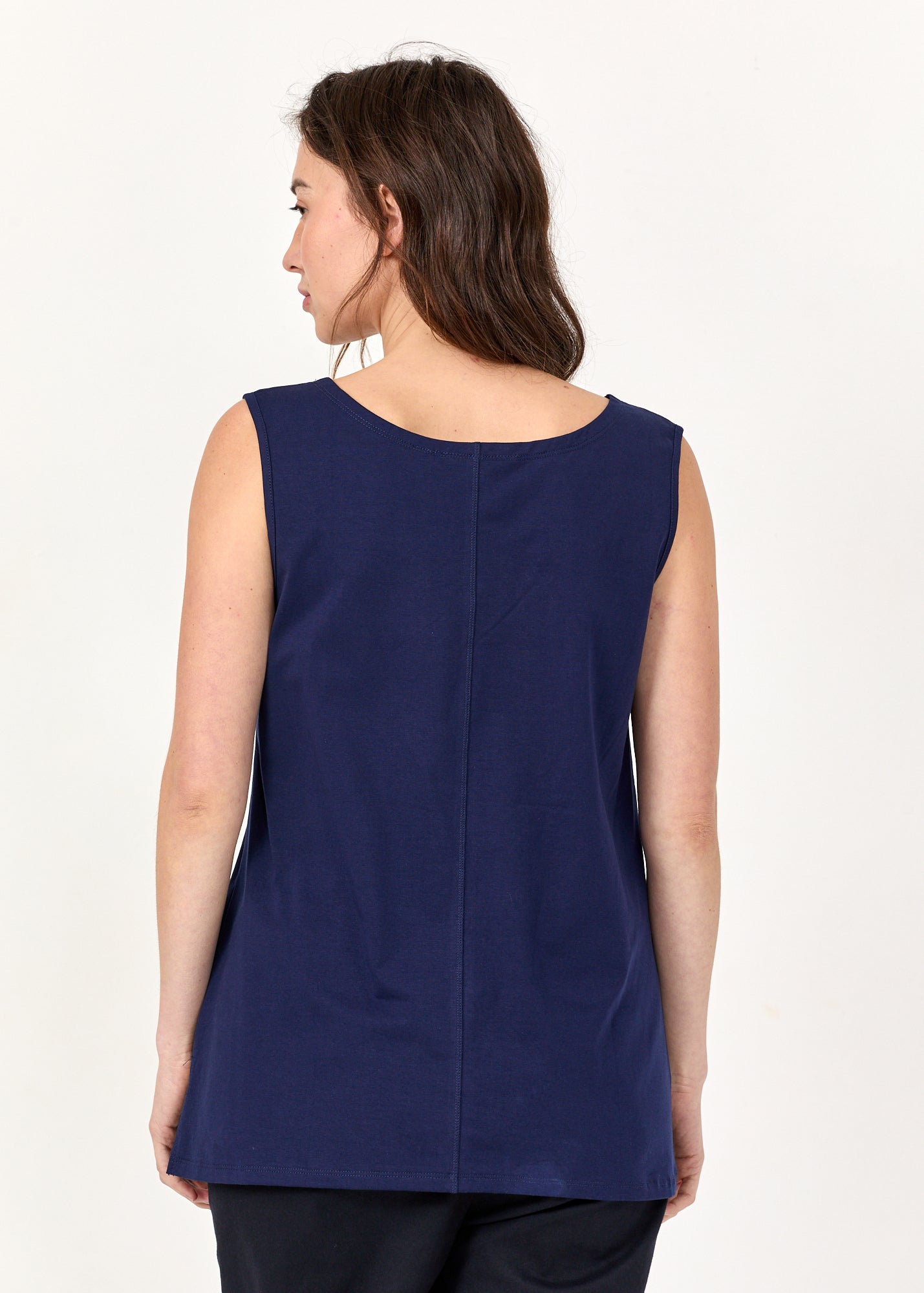 Dark blue long left side T forward seam base tank top