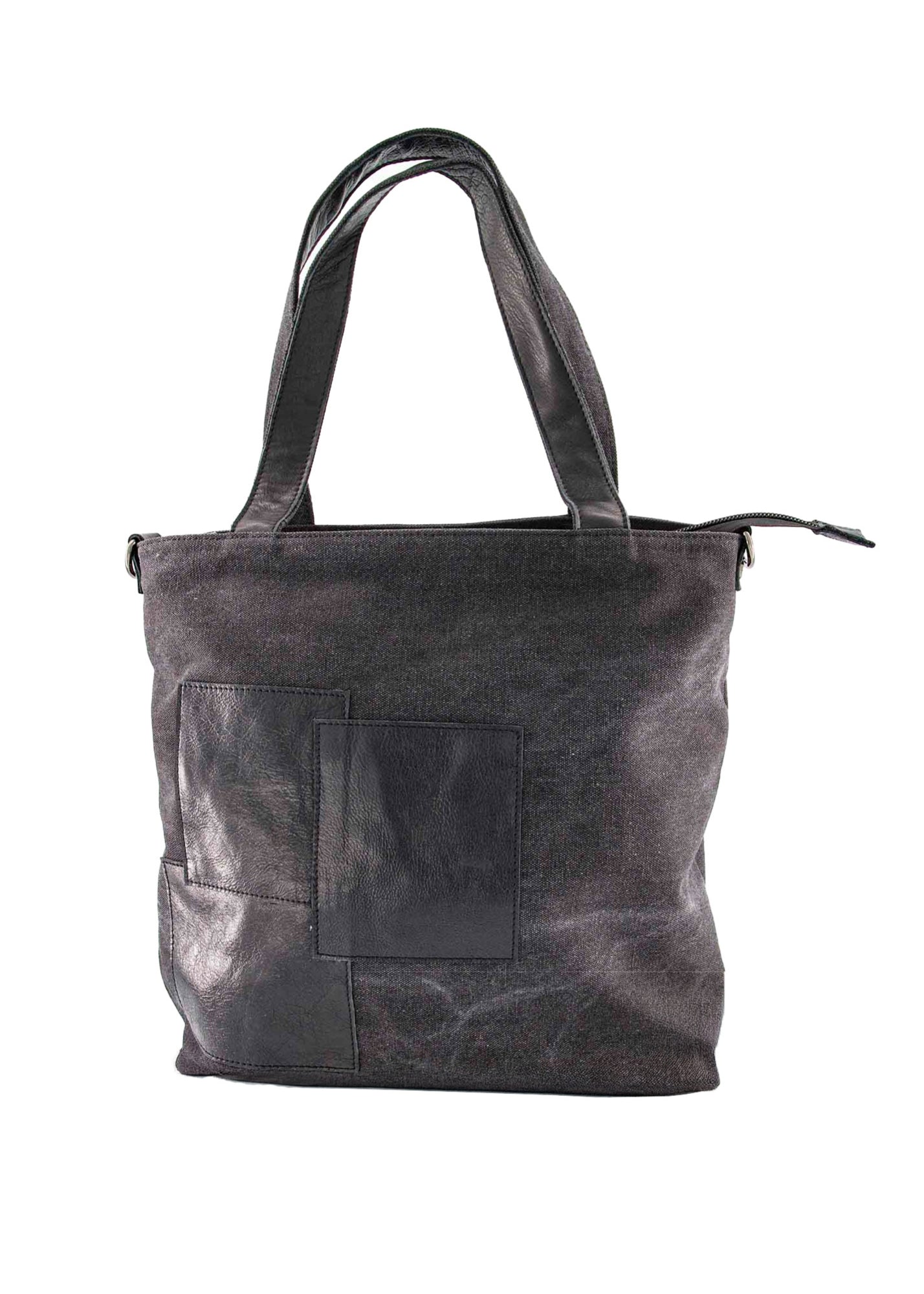 Large side canvas bag with black front leather square