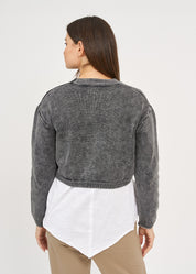 Black three-button washed knit top
