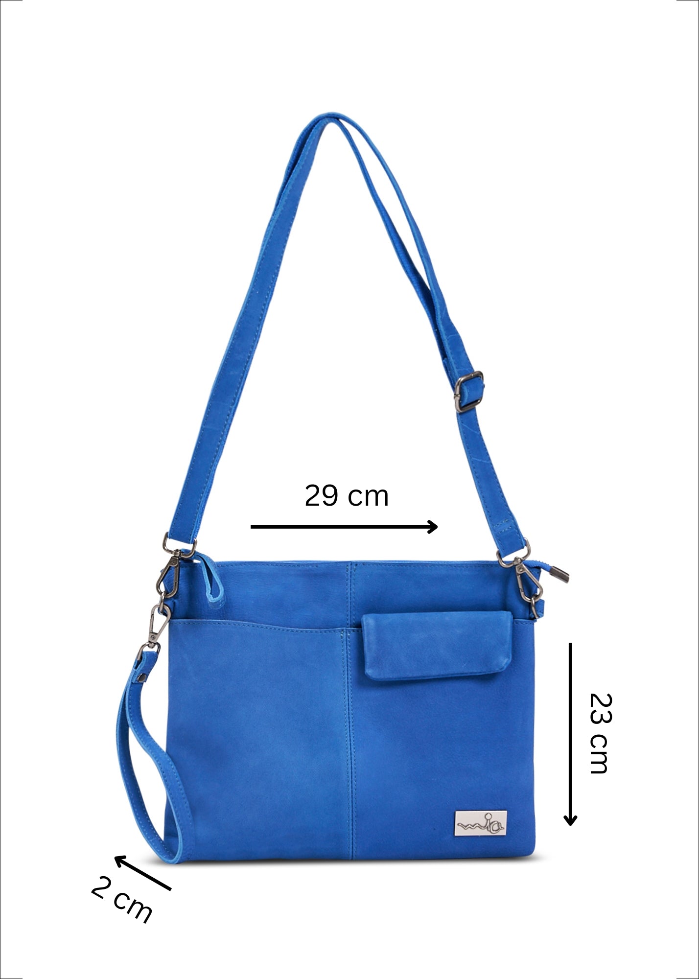Leather evening bag with pocket and flap blue wash