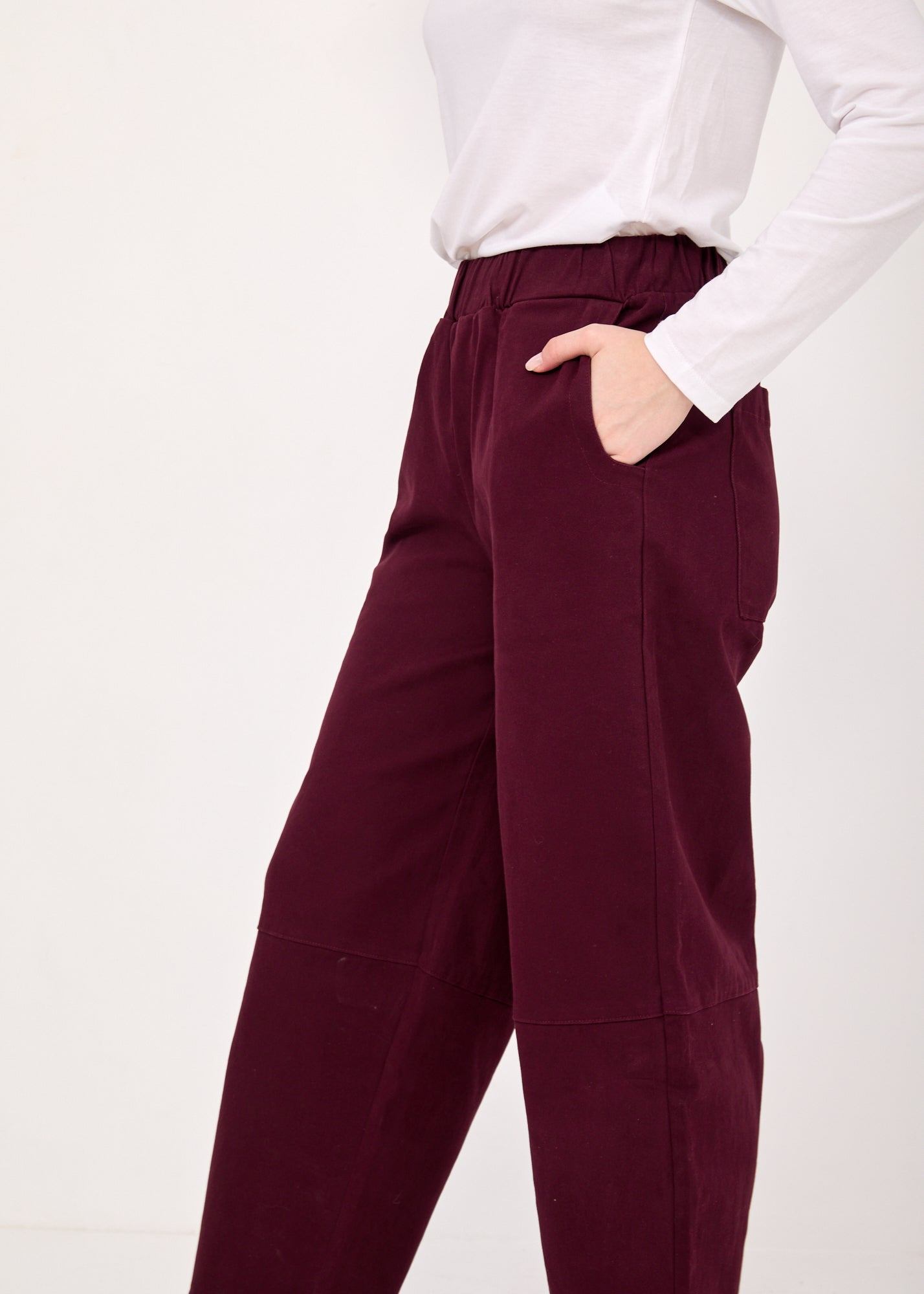 Pants with knee seam and purple elastic