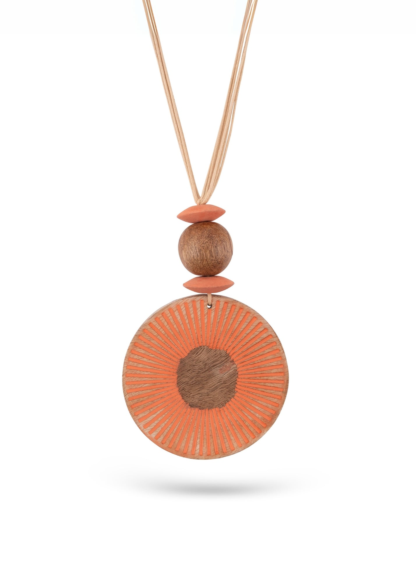 Mango wood necklace with orange painted stripes texture