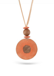 Mango wood necklace with orange painted stripes texture
