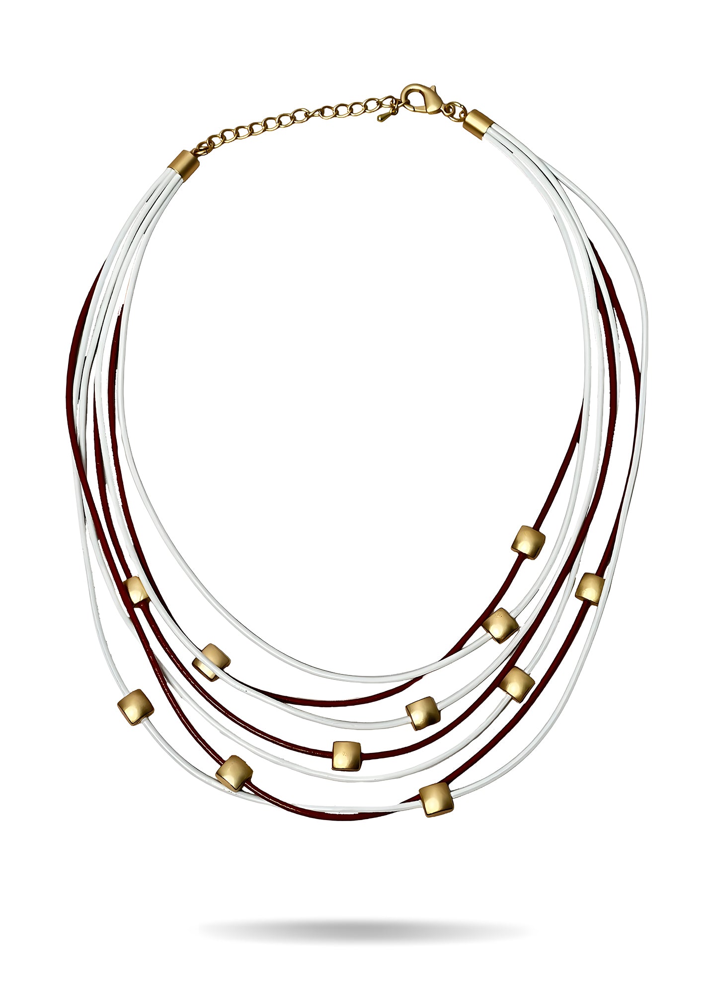 Two-tone leather row necklace with red metal squares