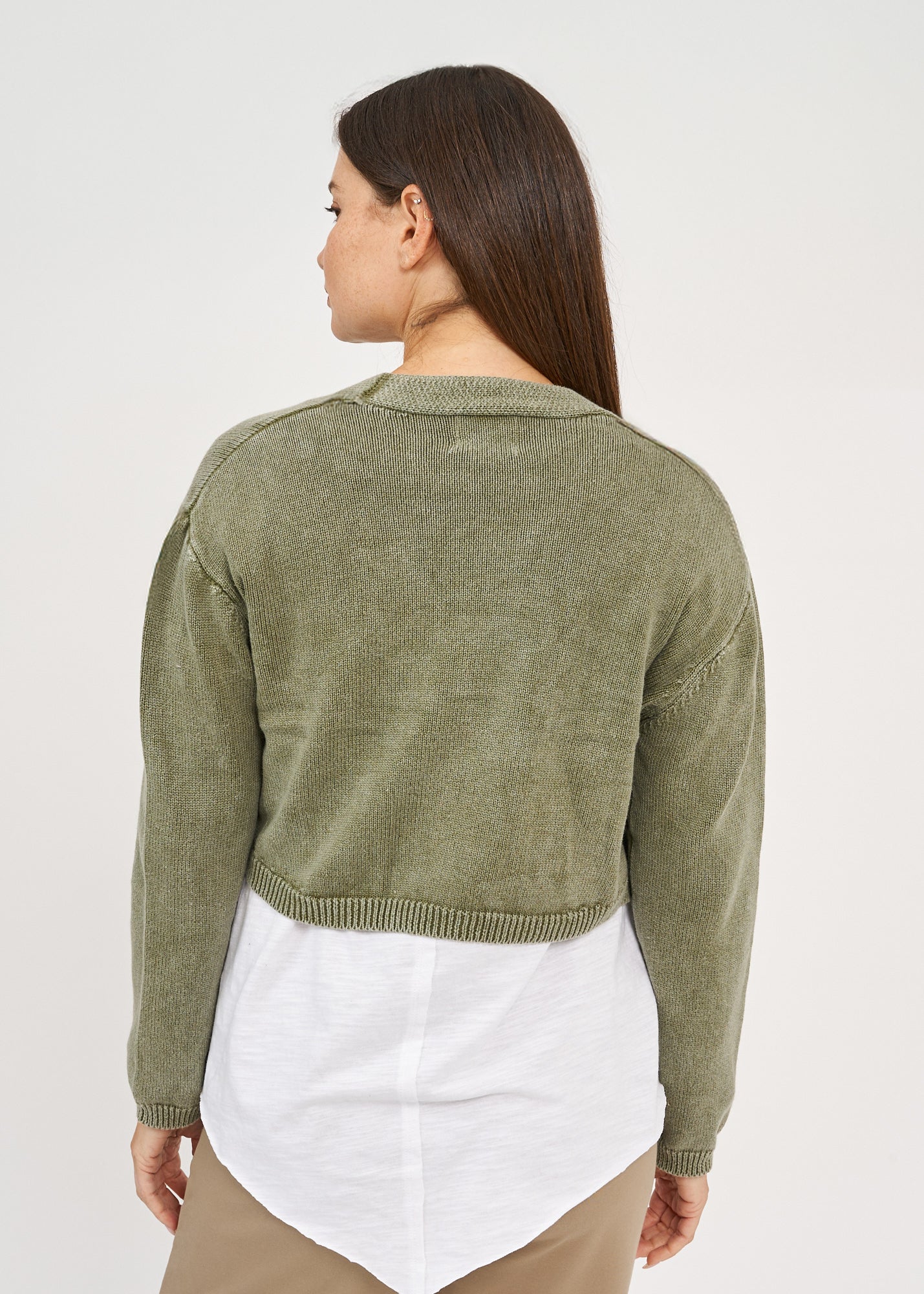 Dark green three-button washed knit top