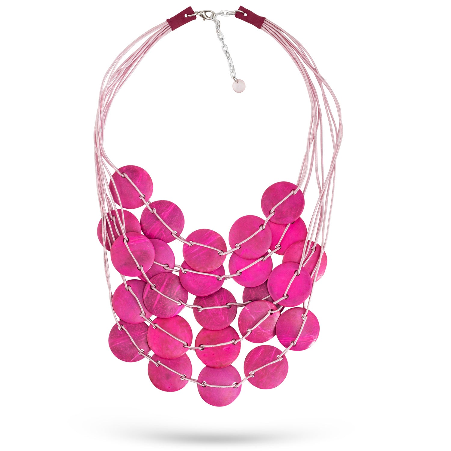 Handmade necklace coconut circles painted fuchsia pink