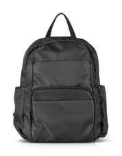 Small nylon backpack with black leather strap