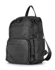 Small nylon backpack with black leather strap