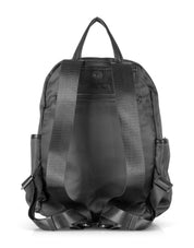 Small nylon backpack with black leather strap