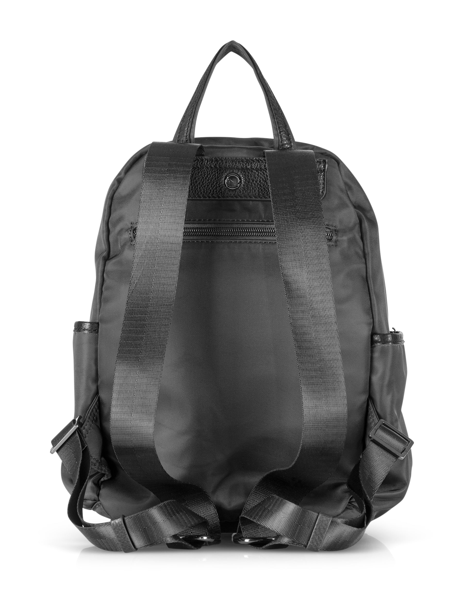 Small nylon backpack with black leather strap