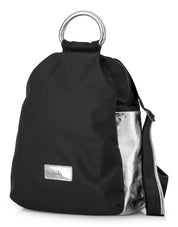 Nylon backpack combined with black silver leather