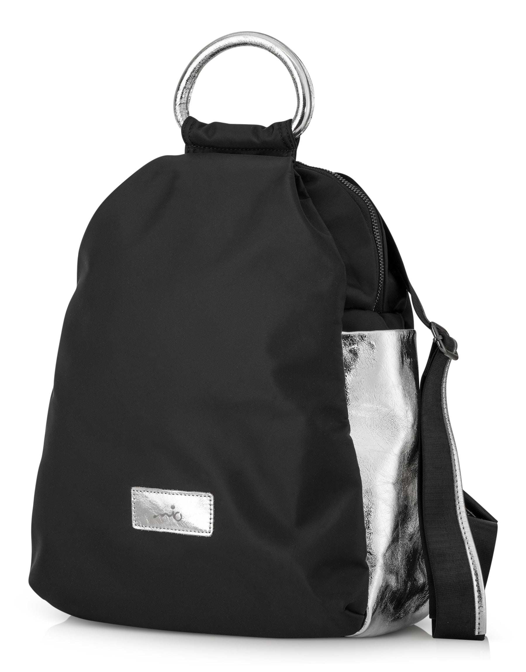 Nylon backpack combined with black silver leather