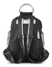 Nylon backpack combined with black silver leather