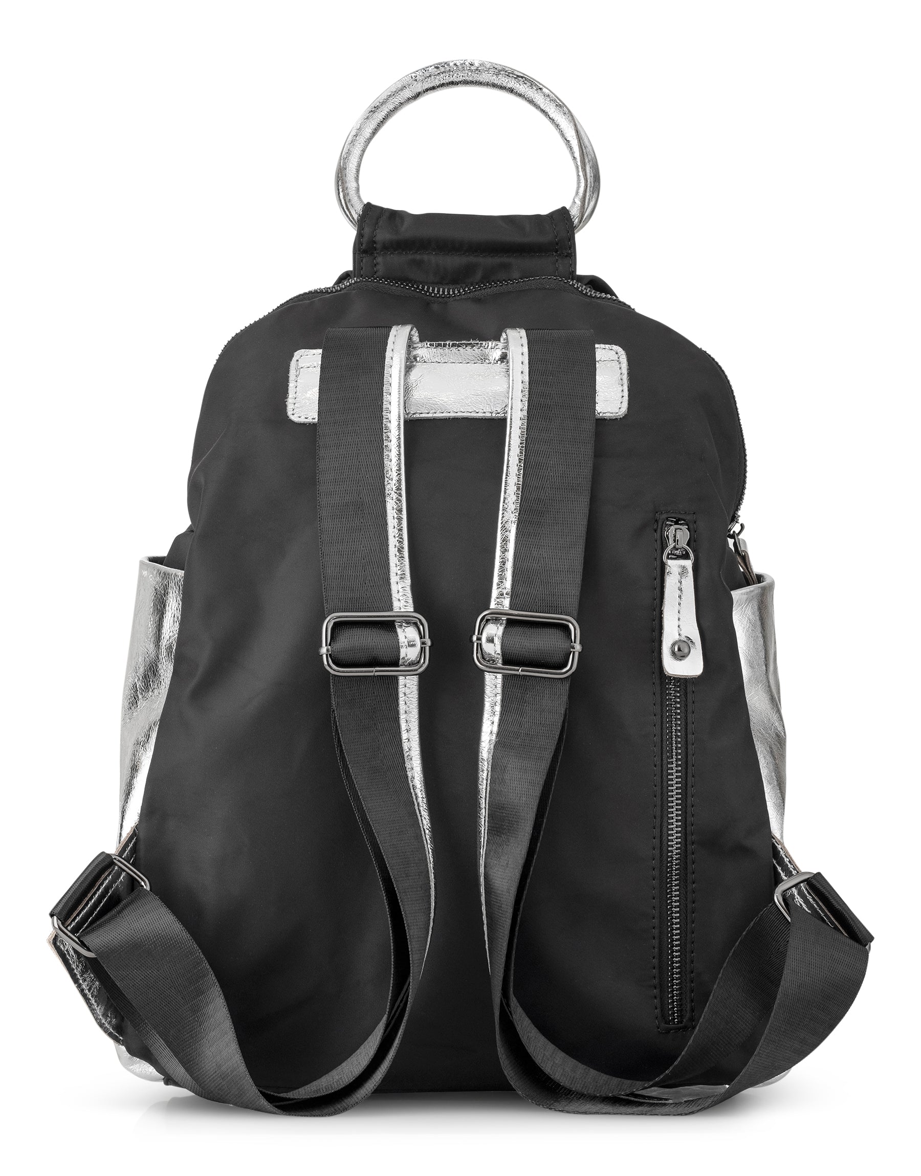 Nylon backpack combined with black silver leather