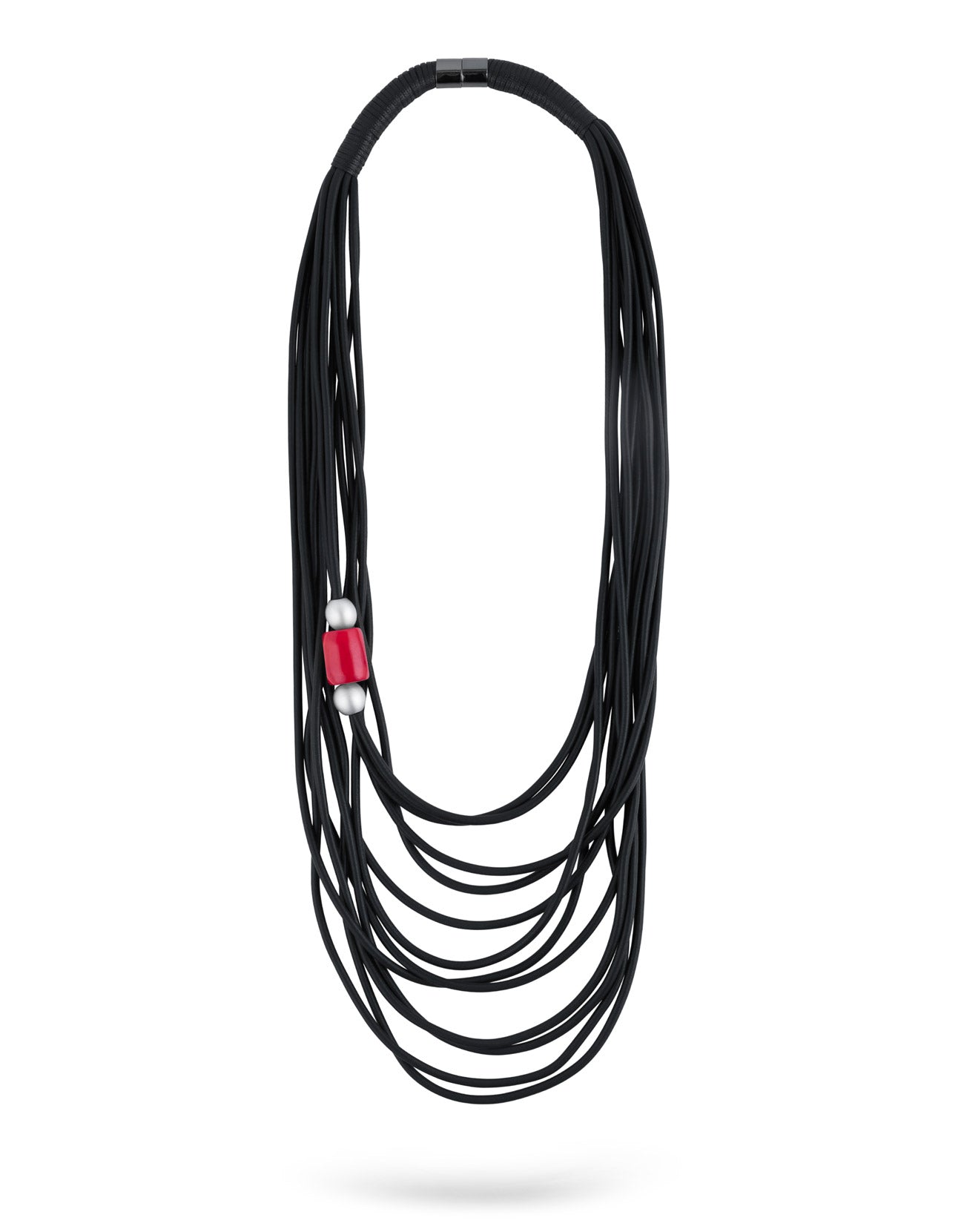 A long silicone chain with rows and winding in the middle and a red natural stone