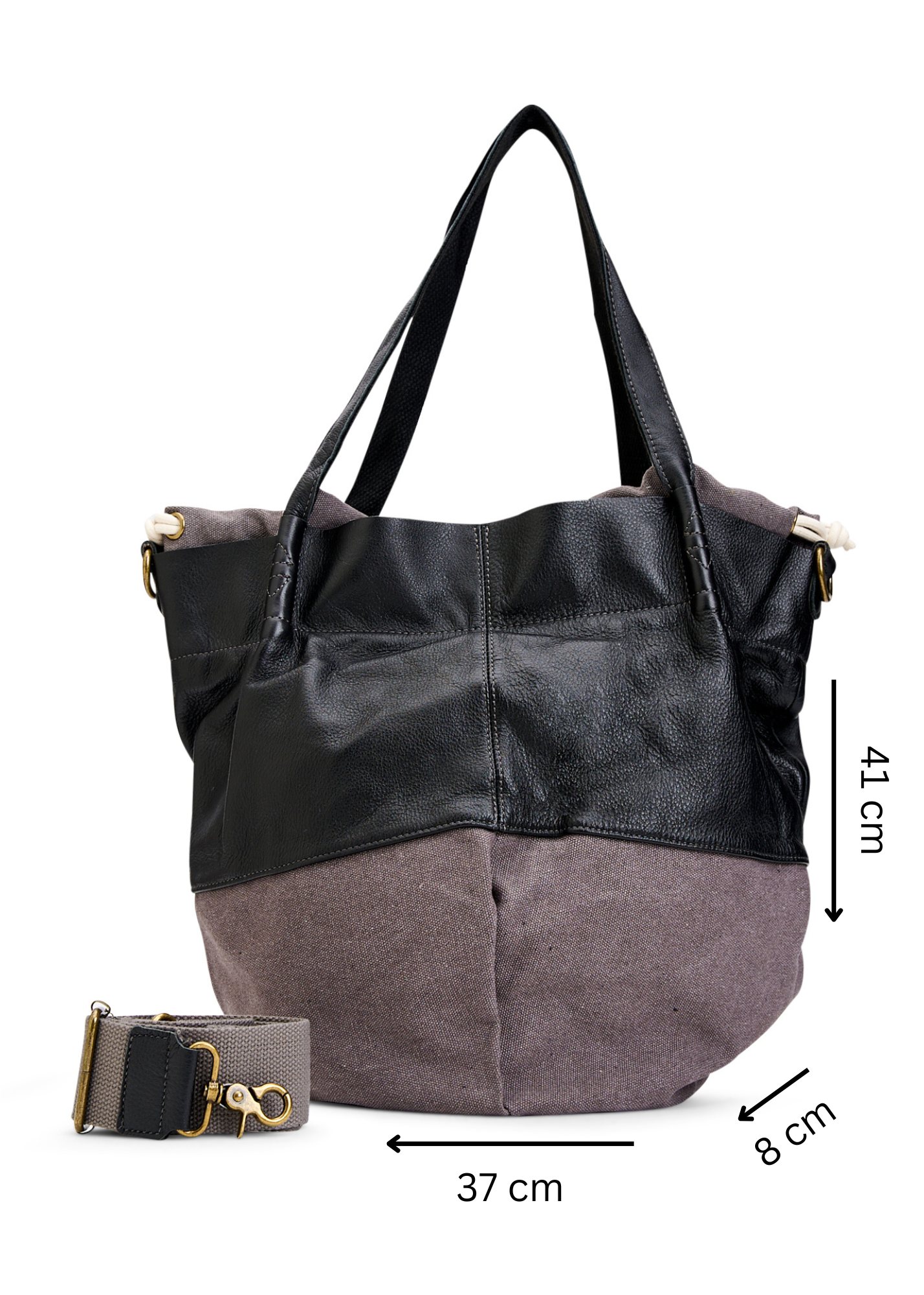 Canvas and gray leather bucket bag