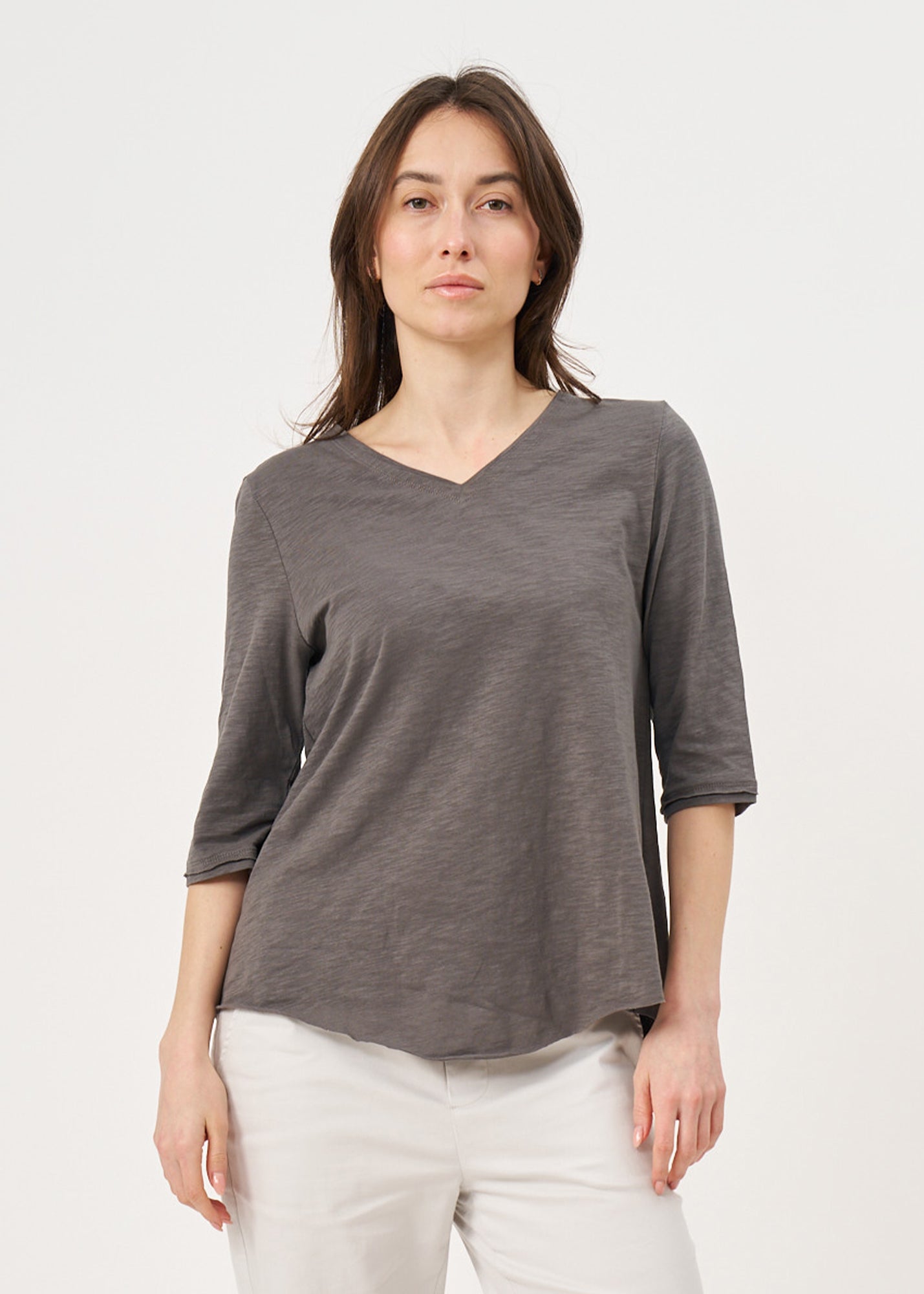 Dark gray triangle extension 3/4 sleeve V-neck T-shirt