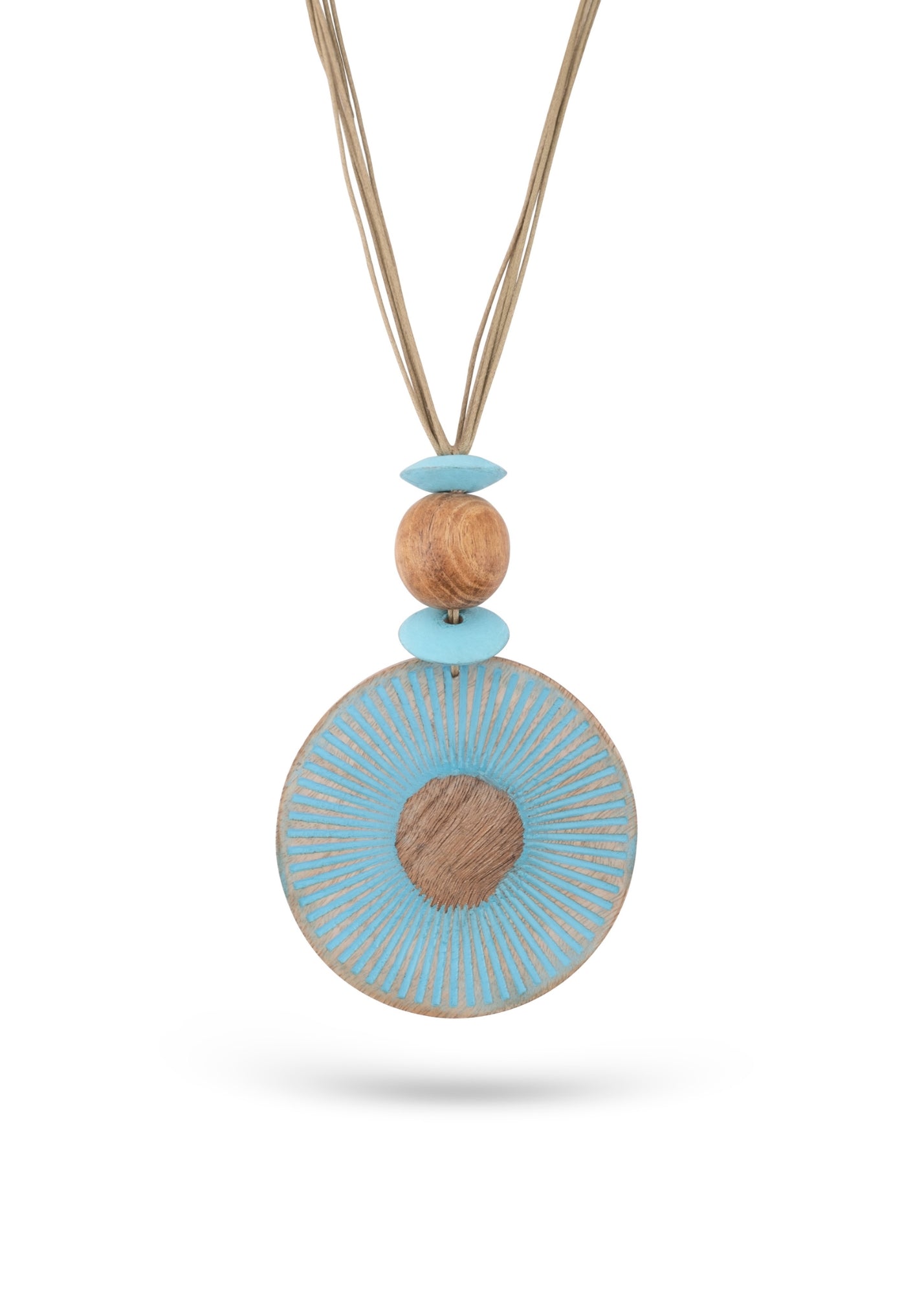 Mango wood necklace with light blue painted stripes texture