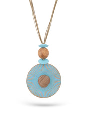 Mango wood necklace with light blue painted stripes texture