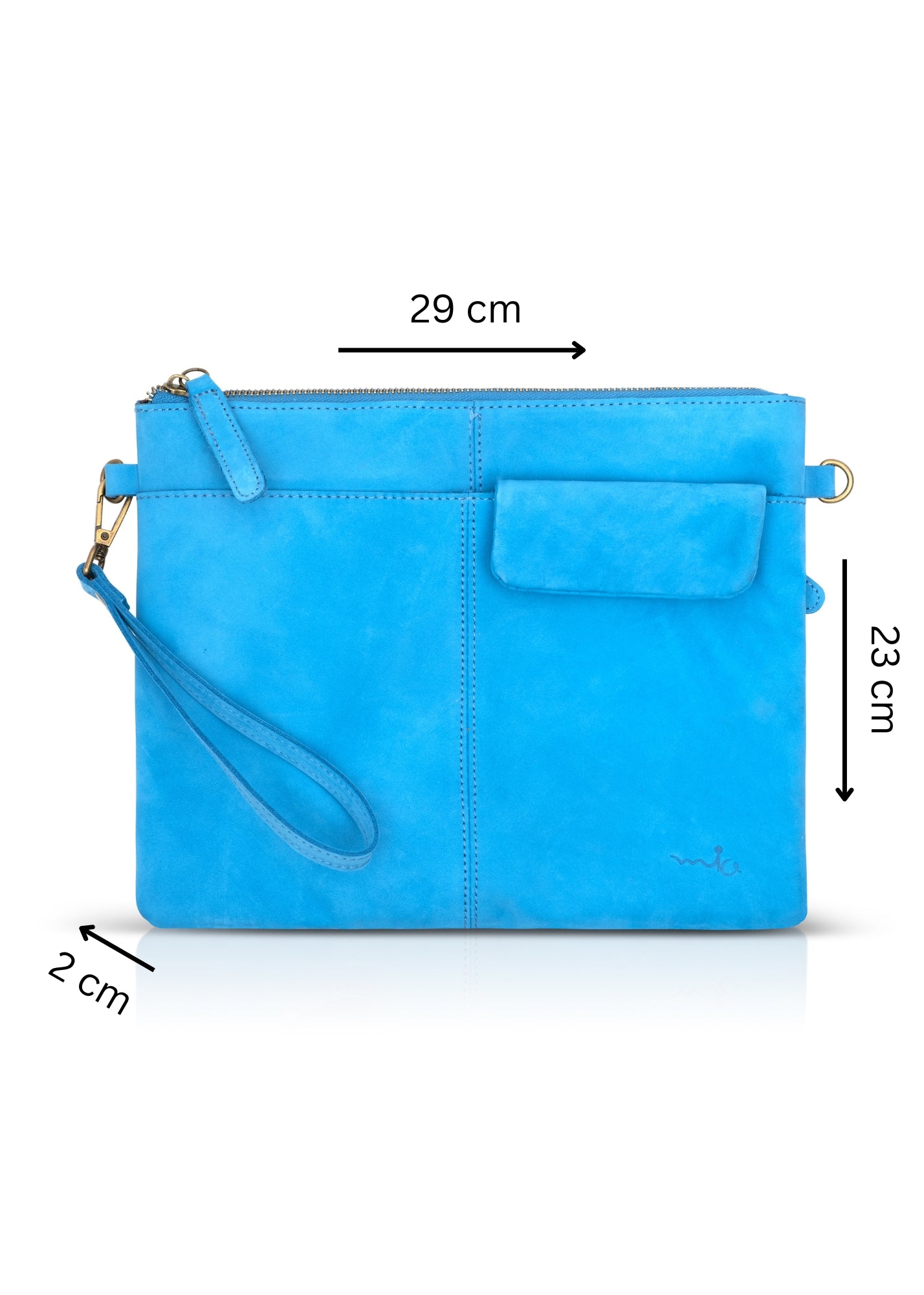 Light blue leather evening bag with pocket and flap
