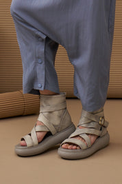 High leather sandals with gray straps
