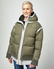 Puffy down jacket with a green hood