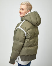 Puffy down jacket with a green hood