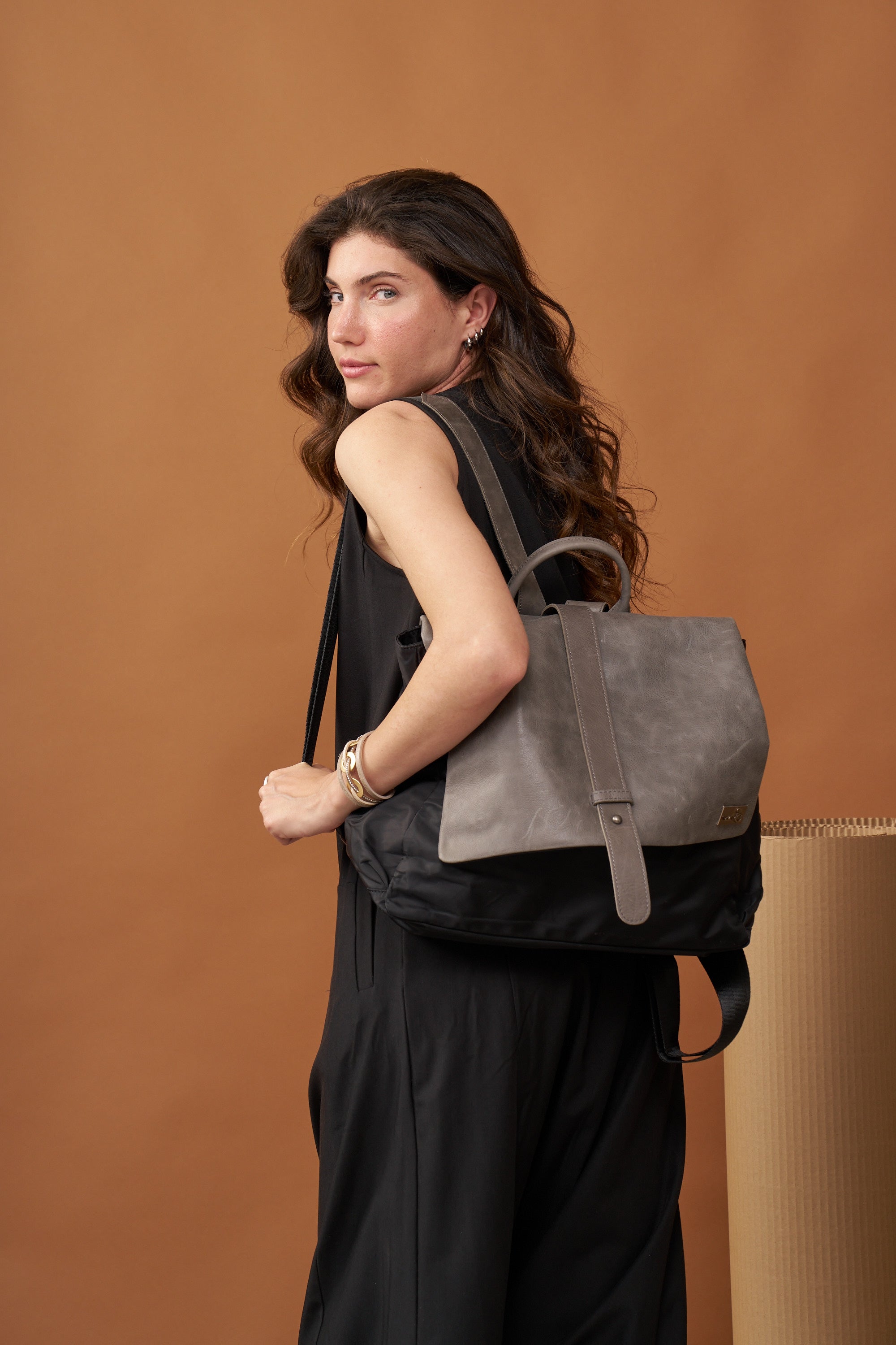 Nylon backpack with gray leather kalapa
