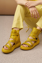 High leather sandals with yellow straps