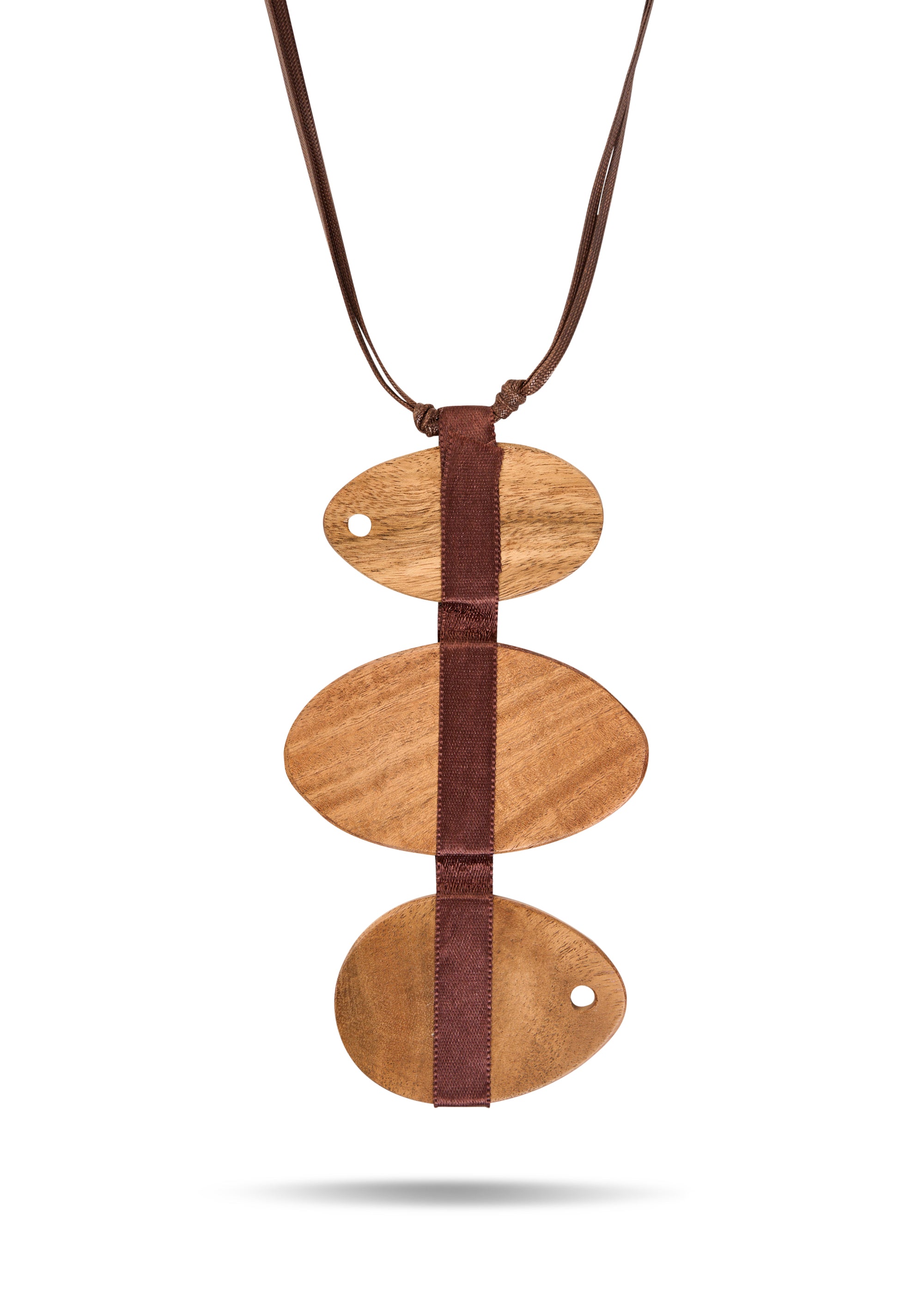 Wooden shape necklace and brown ribbon
