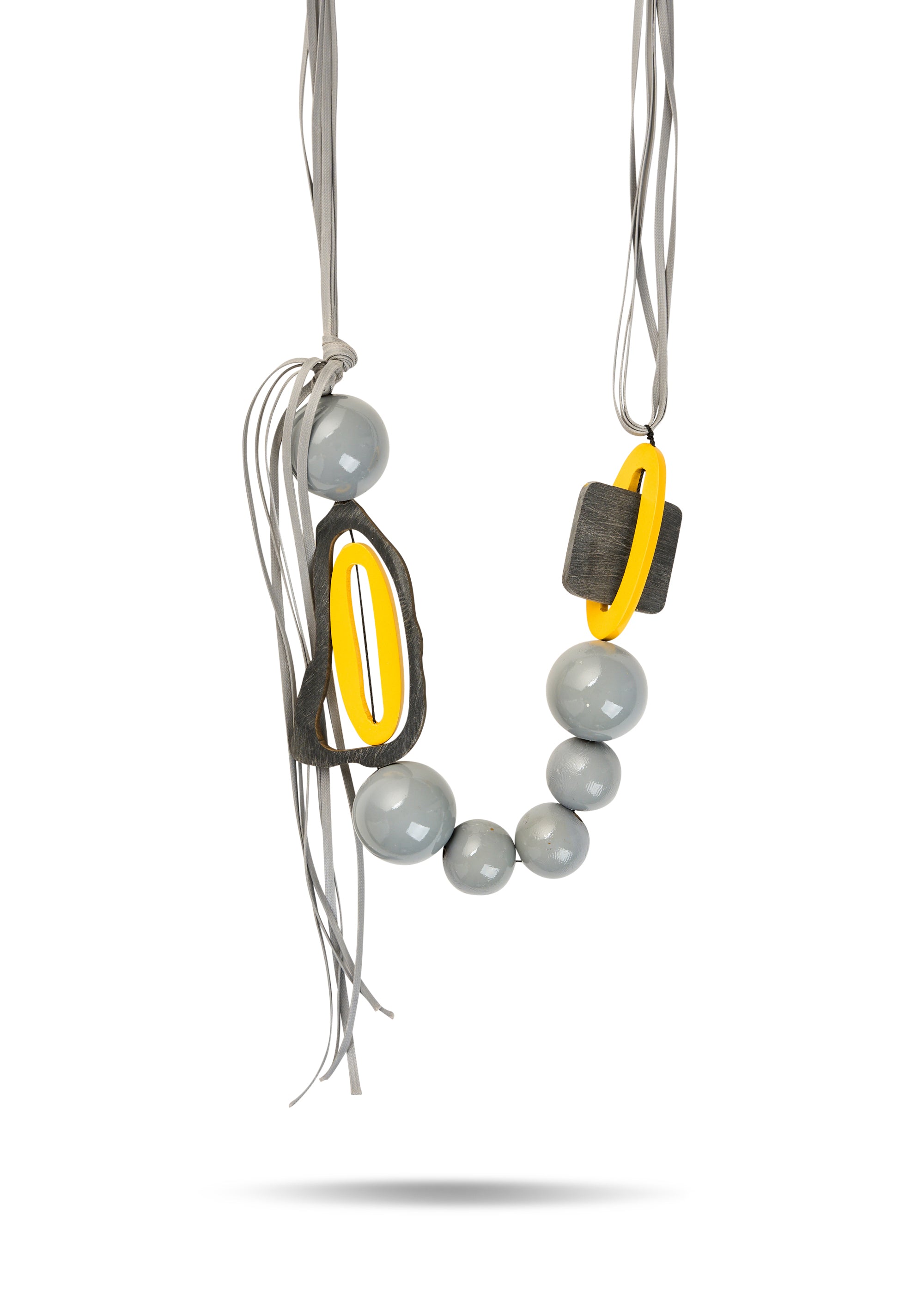 A necklace of wooden beads, a combination of gray colors
